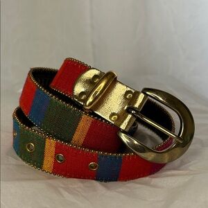 ELITE Vintage Fresno California Colorful Striped Belt with Gold Buckle. Size S